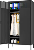 71 Inches Black Metal Wardrobe Cabinet with Hanging Rod, Metal Armoire Wardrobe Closet with Doors for Bedroom, Office, Laundry Room and Changing Room, Metal Locker Cabinet