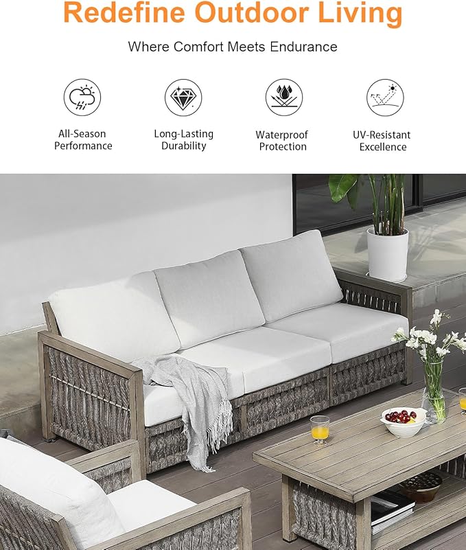 3 Seats Outdoor Sofa, Aluminum Patio Sofas with Washable Cushions, 3-Seater Rope Weave Outside Patio Couch, Deep Seating Outdoor Sofa Furniture for Garden, Decks, Porch, Balcony, Gray Oak