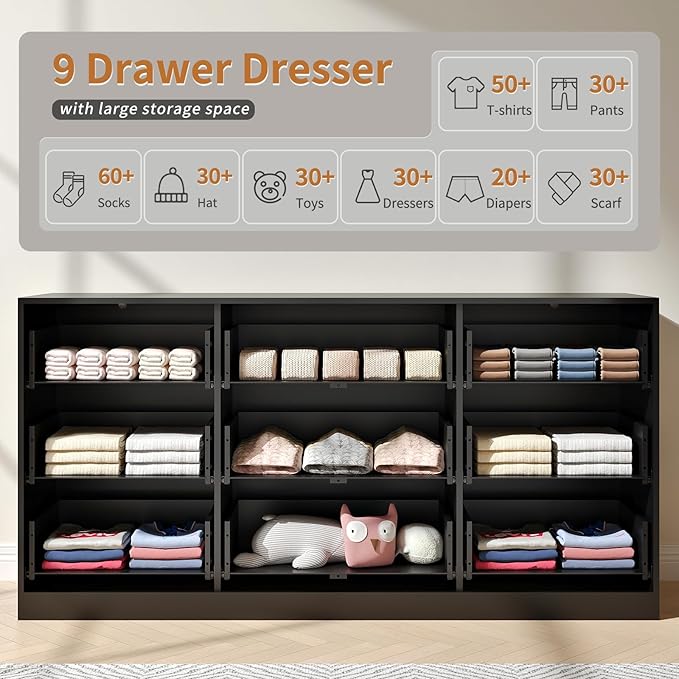 Dresser for Bedroom with 9 Drawer, 63” Long Black Dresser Modern Chest of Drawers with Metal Handle, Wood TV Stand Storage Organizer for Bedroom, Living Room, Black