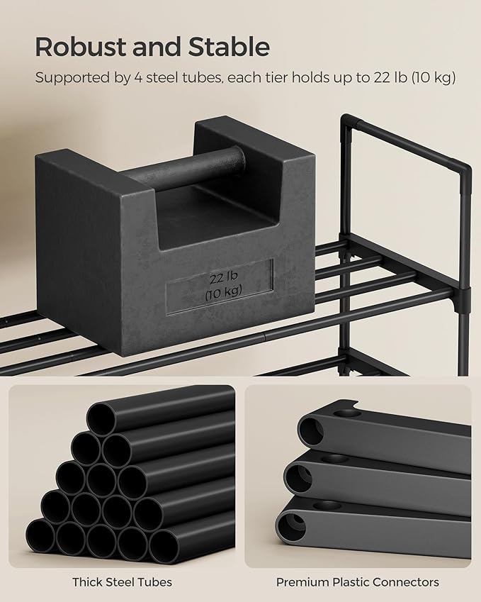 SONGMICS Shoe Rack, 2-Tier Shoe Organizer, Metal Storage Shelf, Upright or Upside Down, for 12-15 Pairs, Stackable, for Entryway, 11.8 x 36.2 x 13.4 Inches, Black ULSA12BK