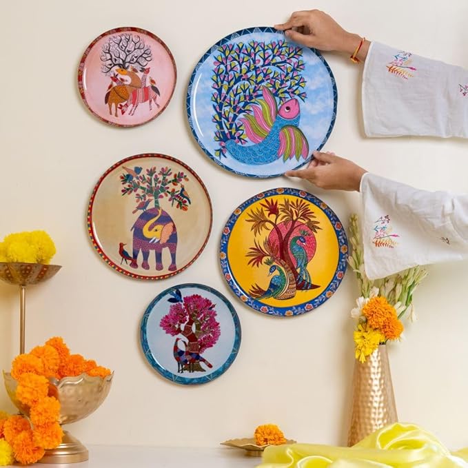 RITUALISTIC Gondh Wall Plates for home decoration | Wall decor items for living room | Metal Wall décor | Gift items for unisex | wall showpiece|Home Décor Christmas Gift Items | Set of 5 plates