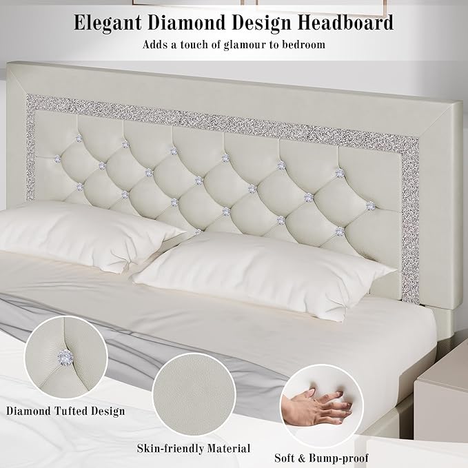 BarnFurin Full Bed Frame with Diamond Tufted Headboard, Faux Leather Upholstered Bed with Wooden Slats Support, No Box Spring Needed, Mattress Foundation, Easy Assembly, Cream