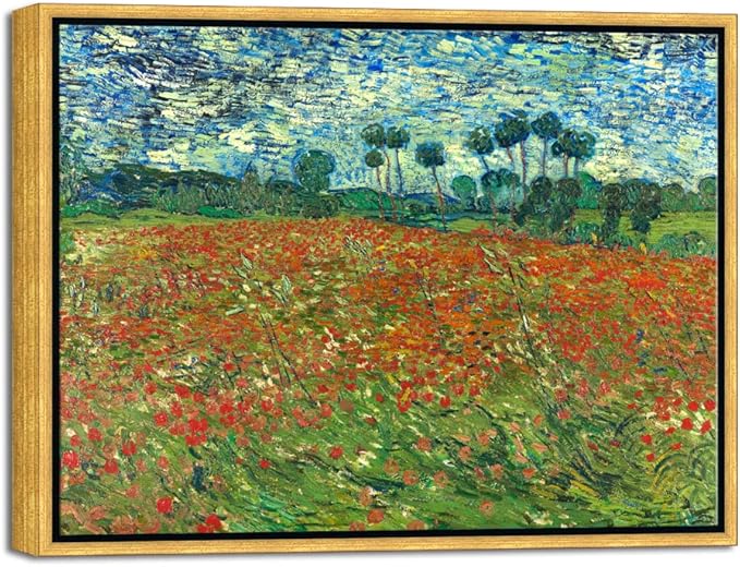 Wieco Art Framed Art Poppy Field June 1890 Canvas Print of Vincent Van Gogh Oil Paintings Reproduction Abstract Wall Art for Home Decorations Bronze Gold Frame