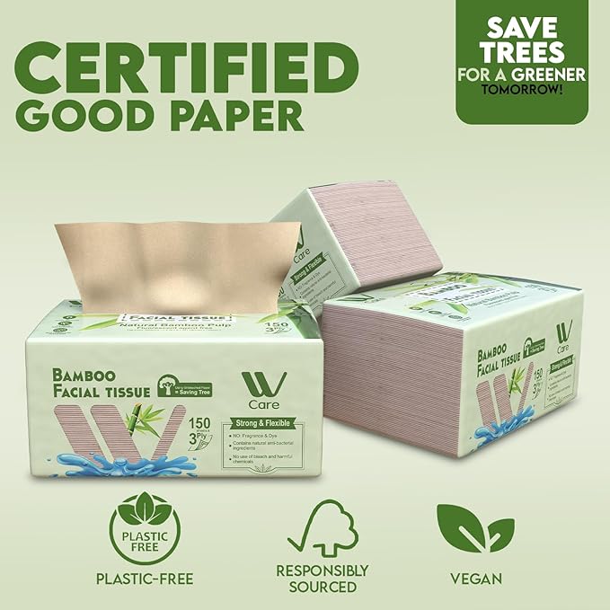 WBM Care Bamboo Facial Tissues, Bulk Box of 10 Packs, 150 Sheets Each, Total 1,500 Sheets, Soft and eco-friendly, perfect for everyday use, great value