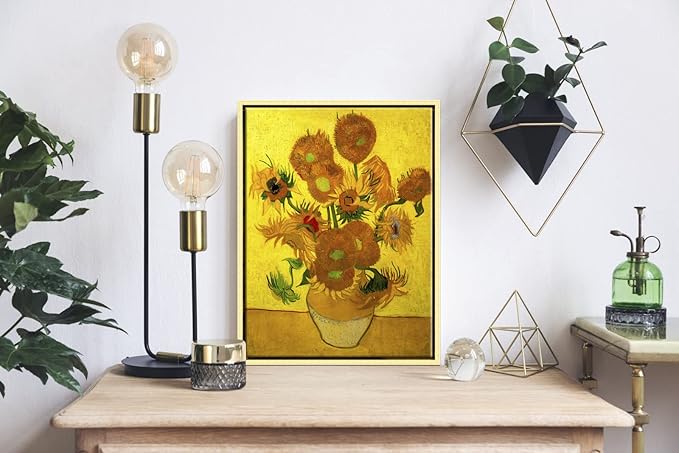 Wieco Art Framed Canvas Wall Art Vase with Fifteen Sunflowers by Van Gogh Classic Oil Paintings Abstract Flowers Canvas Prints for Home Decor Modern Framed Floral Picture Artwork