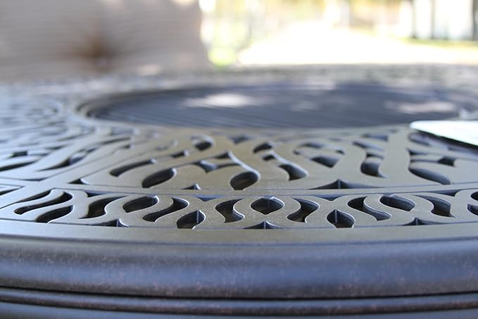Grand Tuscany Outdoor Patio 7 pcs Round Fire Gas 52" Dining Set Dark Bronze Cast Aluminum Sunbrella Cushions