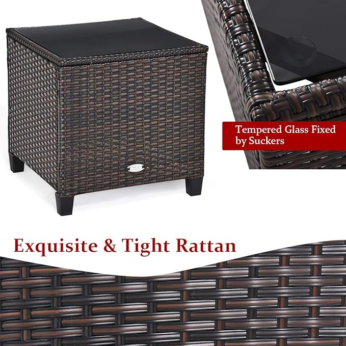 Tangkula 3 Pieces Patio Furniture Set, PE Rattan Wicker 3 Pcs Outdoor Sofa Set w/Washable Cushion and Tempered Glass Tabletop, Conversation Furniture for Garden Poolside Balcony (Red)