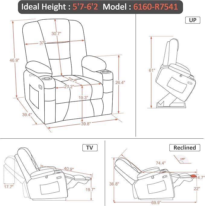 MCombo Oversized Power Lift Recliner Chair with Massage and Heat for Big and Tall Elderly People, Cup Holders, USB Ports, Side Pockets, Faux Leather R7541 (Navy Blue, Large-Oversize)