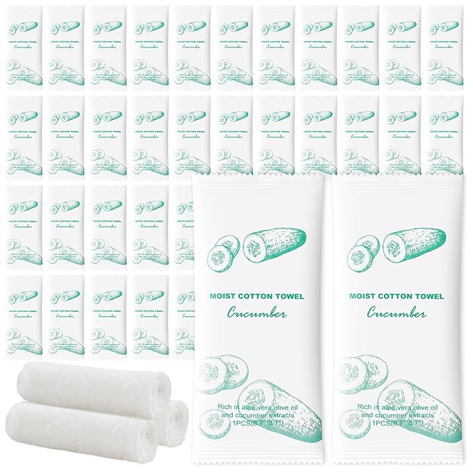 Moist Cotton Towel Bulk Moist Towelettes Individually Wrapped,White Towel Services,Refreshment Pre Moistened Towels for Dentist Travel Sport Party Hotel 50，Cucumber