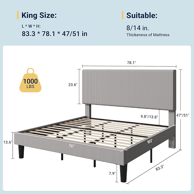 Allewie King Size Upholstered Bed Frame with Vertical Channel Tufted Headboard, Soft Corduroy Fabric Platform Bed, Strong Wooden Slats Support, Easy Assembly, No Box Spring Needed, Light Grey
