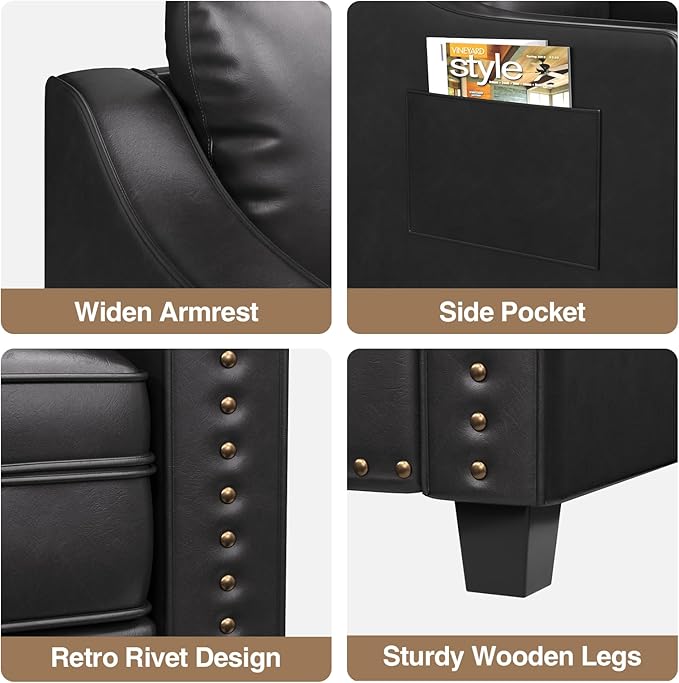 Faux Leather Accent Chair Set of 2 for Living Room, 30 Inches Barrel Upholstered Armchair, Cozy Mid Century Modern Club Arm Chair Single Sofa for Bedroom, Apartment, Reading Room, Black