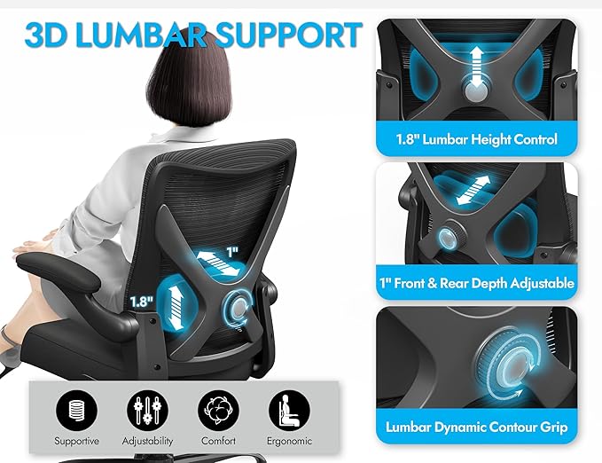 Ergonomic Office Chair with Lumbar Support - Adjustable Computer Desk Chairs for Home Office, Gaming, and Work - Comfortable and Supportive Desk Chairs for Adults (Black)