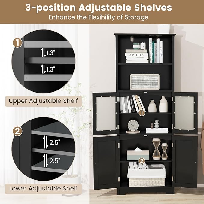 LOKO Tall Bathroom Cabinet, Modern Storage Organizer with Doors & Open Shelves, Wooden Floor Cabinet with Adjustable Shelves for Bathroom, Living Room or Kitchen (Black)