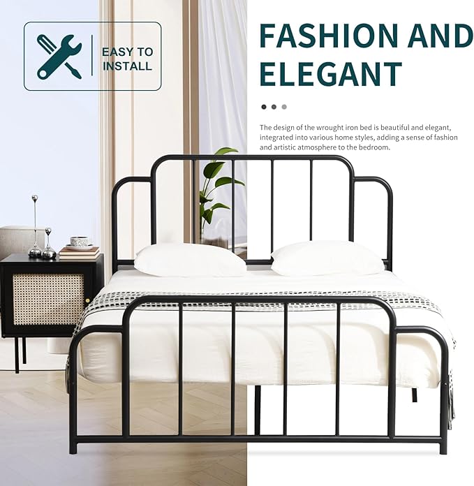 PINJU Metal Platform Bed Frame with Headboard and Footboard, Classic Style, Sturdy Metal Slats, No Box Spring Needed, Easy Installation (Black, Full)