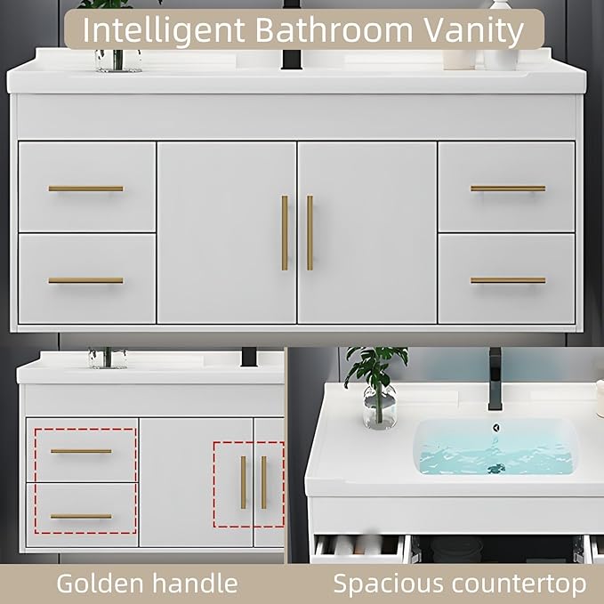 56IN Modern Bathroom Vanity - LED Intelligent Mirror Cabinet Includes Time Display & Defogging | Bathroom Cabinet with Sink & Open Storage Compartments, Ceramic Washbasin, 4 Drawers (Style B)