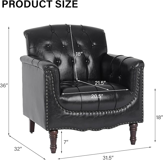 Faux Leather Accent Chair, PU Leather Modern Comfy Upholstered Armchair with Wood Legs & Nailhead Trim for Living Room, Bedroom