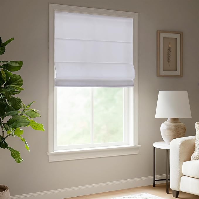 Madison Park Galen Matte White Cordless Roman Shades - Fabric Privacy Single Panel Darkening, Energy Efficient, Thermal Insulated Window Blind Treatment, for Home, Living Room Decor, 29" W x 64" H