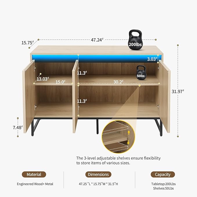Fluted Sideboard Buffet Cabinet with Storage, 47" Wood Storage Cabinet with Doors and Adjustable Shelves LED Light, Modern Credenza for Kitchen, Dining room, Living room, Entryway(Oak, set of 2)