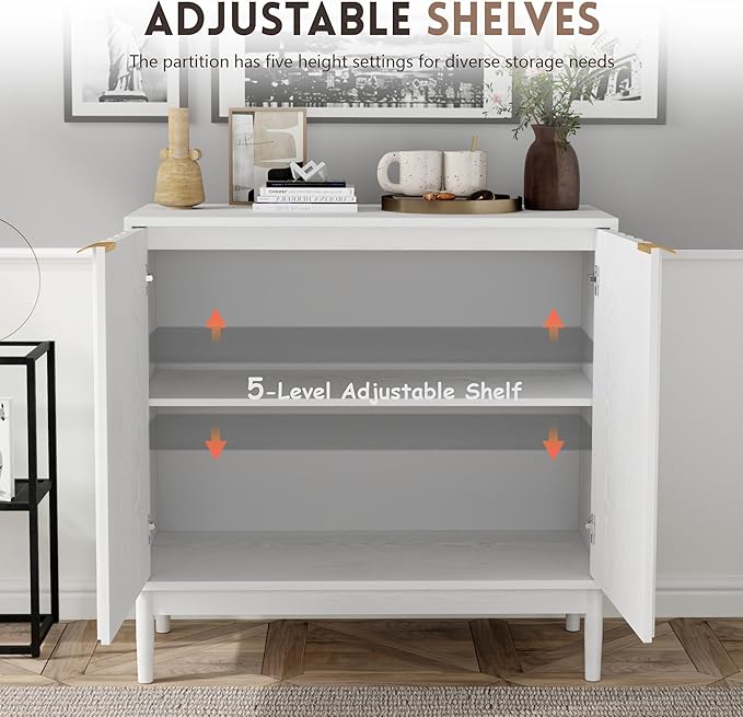 Fluted Cabinet with Storage, Buffet Cabinet Sideborad with Door, Kitchen Buffet Storage Accent Cabinets with Adjustable Shelves for Living Room, Entry, Hallway, White