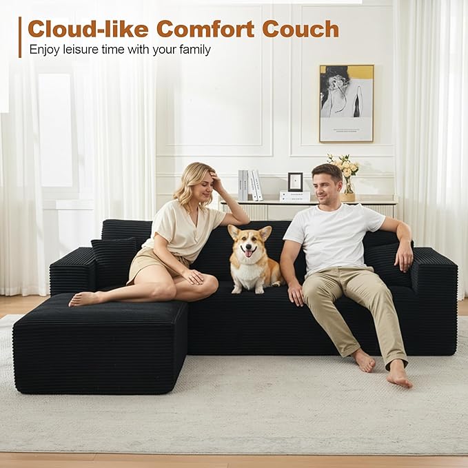 106" Cloud Modular Sectional Sofa Couch with L-Shape Chaise,Modern Boneless Sectional Couch with Deep Seat,Upholstered Couches for Living Room Bedroom,No Assembly Required,Black