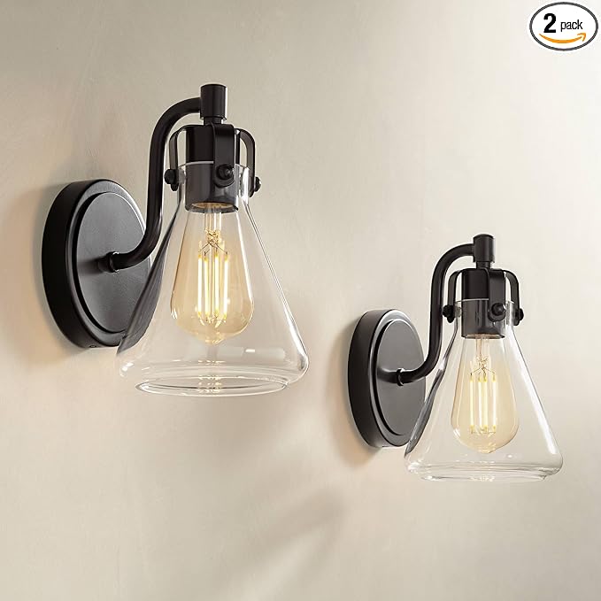 Possini Euro Design Cindy Rustic Wall Light Sconces Set of 2 Bronze Hardwire 5 1/2" Fixture Beaker Clear Glass Shade for Bedroom Bathroom Bedside Vanity Living Room Home Hallway Dining Kitchen