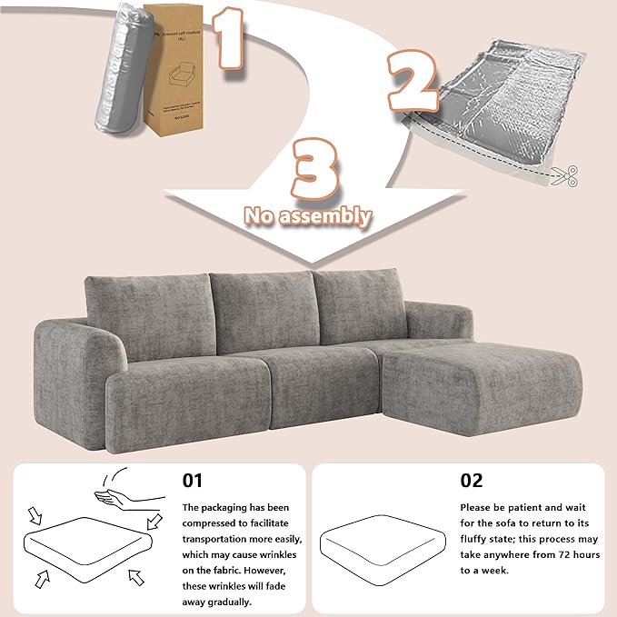 EASE MOOSE Oversized Sectional Cloud Couch, 8-Seat Modular Couch Set, Corner V-Shaped Deep-Seat Boneless Sofa, No-Assembly Chenille Sofa for Living Room, Light Grey