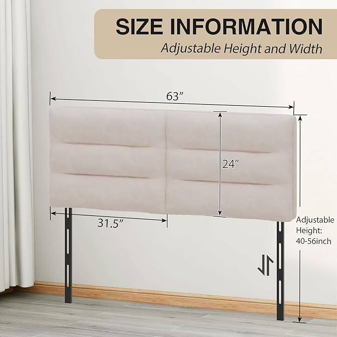 Queen Size Velvet Headboard Foldable Panels Backboard, Upholstered Full Headboard Adjustable Height from 42" to 56" Head Borad-Ivory