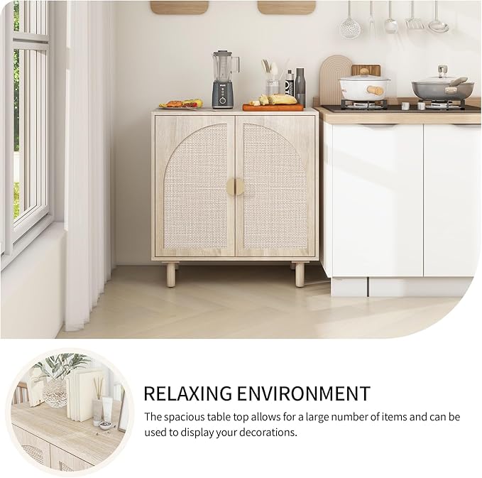 Beige Rattan Cabinet-2-Doors,Sideboard Buffet Cabinet with Storage-Accent Storage Cabinet with Cane Door, Boho Wood Credenza for Living Room, Kitchen,Dining Room or Office
