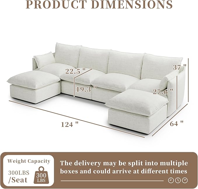 Waterproof Cloud Sectional Couches for Living Room,High Backrest Down Filled Couch,6 Seater Oversized Modular U-Shaped Sofas with Chaise,Detachable Sofa Covers,Cream White