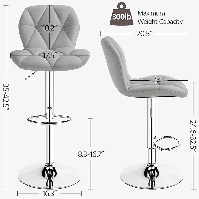 Yaheetech Grey Bar Stools Set of 2, PU Leather Bar Chairs with Backrest, Height Adjustable Swivel Island Stools for Bar, Kitchen Counter, Light Grey