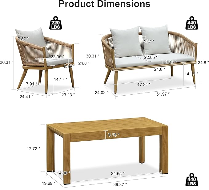PURPLE LEAF 4 Pieces Patio Conversation Set Outdoor Wicker Furniture with Aluminum Table and Rattan Chairs Sofa Cushions Included for Porch Backyard Garden Balcony Teak