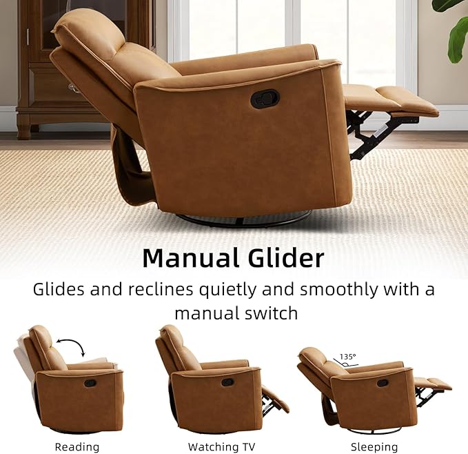 CANMOV Swivel Rocker Recliner Set of 2, Glider Rocking Chair, Nursing Chairs Swivel Glider Recliners with Soft Backrest, Leathaire Manual Reclining Sofa for Living Room Bedroom Apartment, Brown