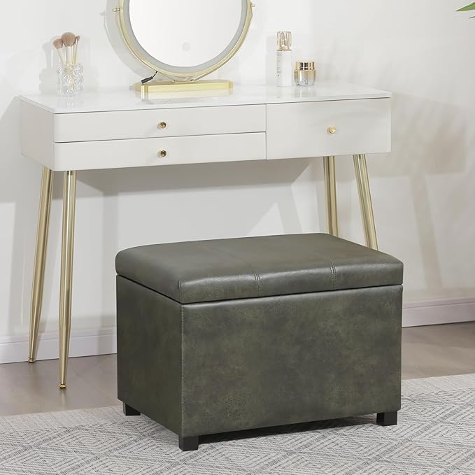 Asense Storage Ottoman Bench,Foot Stool Ottoman with Storage, Faux Leather Foot Rest Seat with Safety Hinge,Wood Legs Stool for Living Room, Bedroom,Enterway,Green