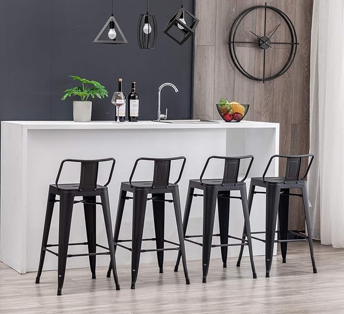HAOBO Home 30" Low Back Metal Counter Stool Height Bar Stools [Set of 4] for Indoor/Outdoor Barstools, Matte Black