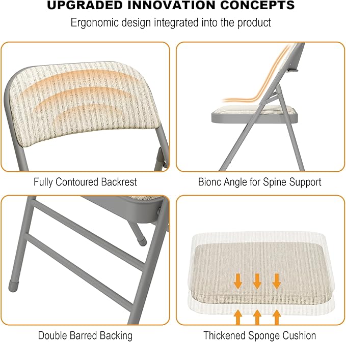 6 Pack Folding Chairs Fabric Dining Chair Set with Padded Cushion and Back, Indoor Outdoor Foldable Seat with Steel Frame for Home Office Events Wedding Party, Oatmeal Strip Seating