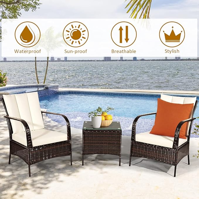 COSTWAY 3 Pieces Patio Rattan Furniture Set, Outdoor Conversation Chair Set with Coffee Table & 2 Cushions for Backyard, Porch, Poolside, Lawn, Garden, White
