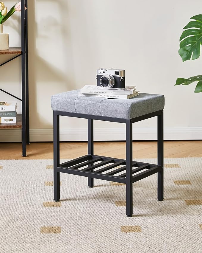 IBUYKE Rectangular Makeup Stool with Adjustable Feet and Storage Space, Footrest Chair, Linen Seat Vanity Stool, Multi-Use as Small Side Table or Ottoman, for Bedroom, Blue Gray WBD017L