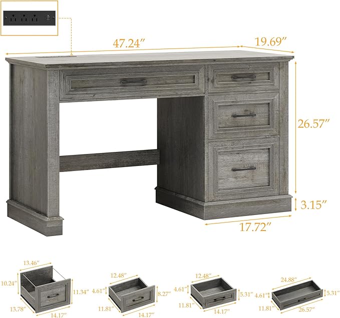 Farmhouse 47" Executive Desk, Computer Desk with Drawers and File Drawer, Workstation Computer Desk with Charging Station for Home Office,Study,（Grey）