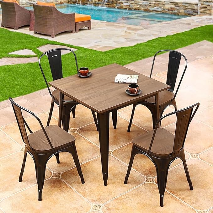 Yaheetech 18 Inch Classic Iron Metal Dining Chair with Wood Top/Seat Indoor-Outdoor Use Chic Dining Bistro Cafe Side Barstool Bar Chair Coffee Chair Set of 4 Black