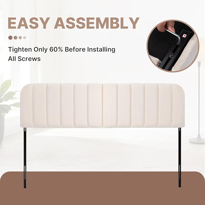 Upholstered Headboard - Striped Interval - Adjustable Height - Metal Legs - Bed Frame (Beige, King (U.S. Standard))