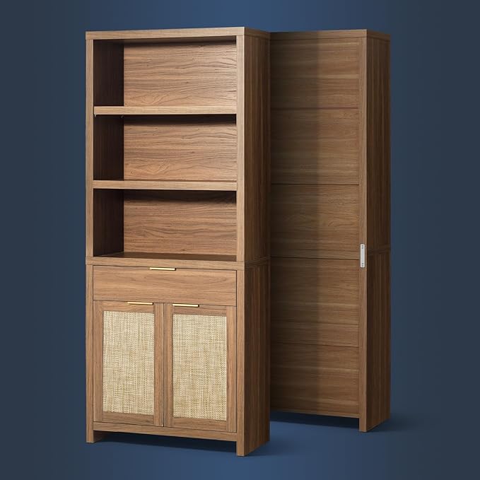 Hampstead Bookcase, Rattan Bookcase with Doors Cabinet and Drawer, 5-Tier Bookshelf, Large Wooden Book Case, Tall Bookshelves for Library Living Room (Weathered Oak, 3 Pieces)
