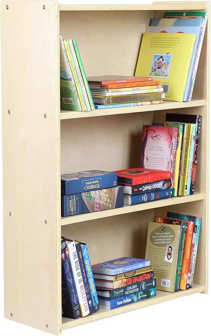 Child Three-Shelf Bookcase, 41.5”H x 24”W x 11.5”D Sturdy Birch Plywood Shelves for Daycare Storage of Books, Toys, Supplies, Smooth Natural Wood (42")