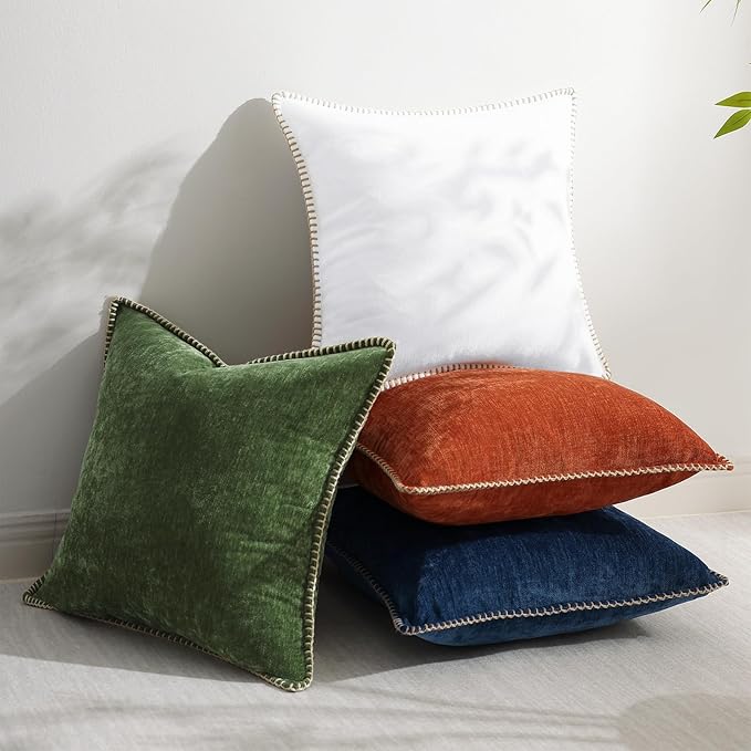 decorUhome Christmas Chenille Soft Throw Pillow Covers 16x16 Set of 2, Farmhouse Velvet Neutral Decorative Euro Fall Pillow Covers with Stitched Edge for Couch Sofa Bed Home Decor, Forest Elf