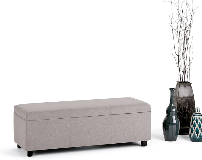 SIMPLIHOME Avalon Storage Ottoman Bench - 48 inch Wide Upholstered Linen Look Fabric Rectangular Lift-Top Ottoman in Cloud Grey, Contemporary Storage Bench for Living Room with High-Density Foam