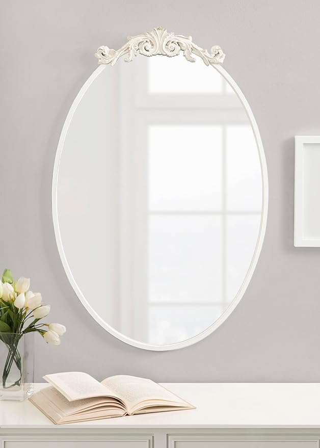 Kate and Laurel Arendahl Traditional Vertical Oval Wall Mirror, 24 x 36, Antique White, Vintage Glam Baroque-Inspired Round Bathroom Vanity Mirror with Ornate Crown