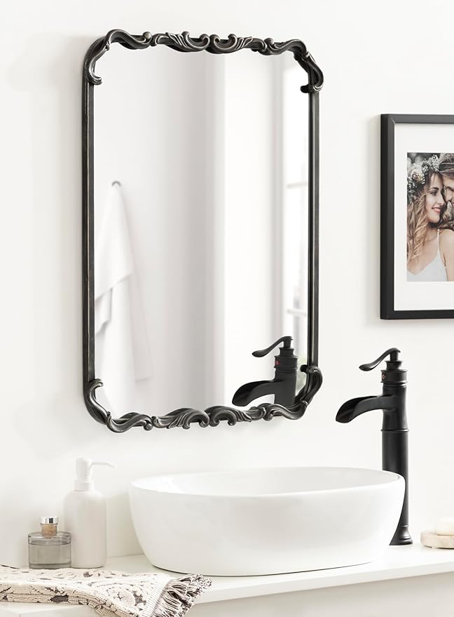 Kate and Laurel Traditional Rounded Rectangle Ornate Mirror; 20 x 27; Black; Ornamental Round Rectangular Classic Framed Wall Mirror for Bathroom Vanity or Fireplace Mantel