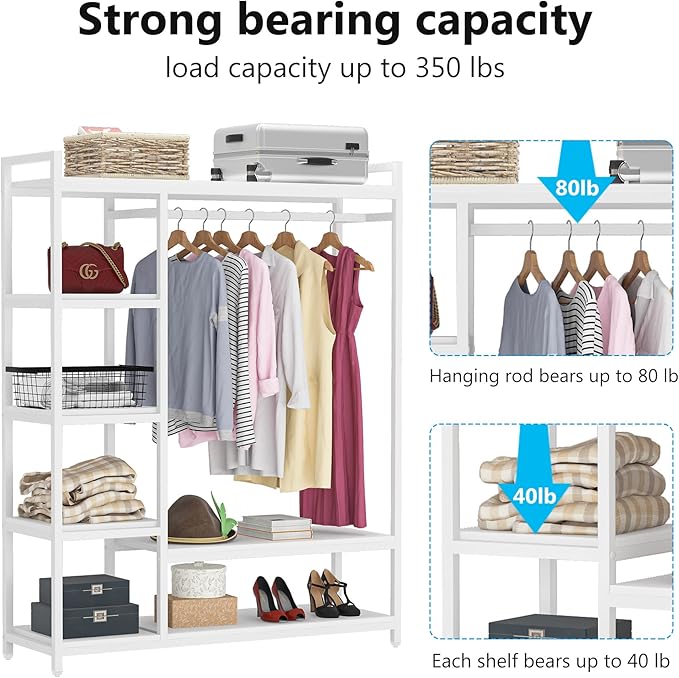 LITTLE TREE Free Standing Wood Closet Clothes Rack,Heavy Duty Grament Rack with Shelves,Hanging Racks for Clothes Clothing Rack for Bedrom,Wardrobe Closet Organizer,350 lb Capacity