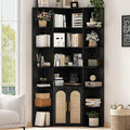 74" Tall Corner Bookshelf with 2 Arched Rattan Doors, 6-Tire L Shaped Bookcase with 16 Open Storage Shelves, Boho Large Corner Shelf with Cabinet for Living Room, Home Office
