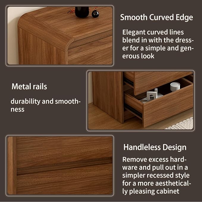63 Inch Dresser For Bedroom 12 Drawer Wood Chest of Drawers - Curved Anti Collision, Mid Century Dresser For Closet with Natural Texture & Pre-Embedded Slots for TV Stand, Living Room, Nursery