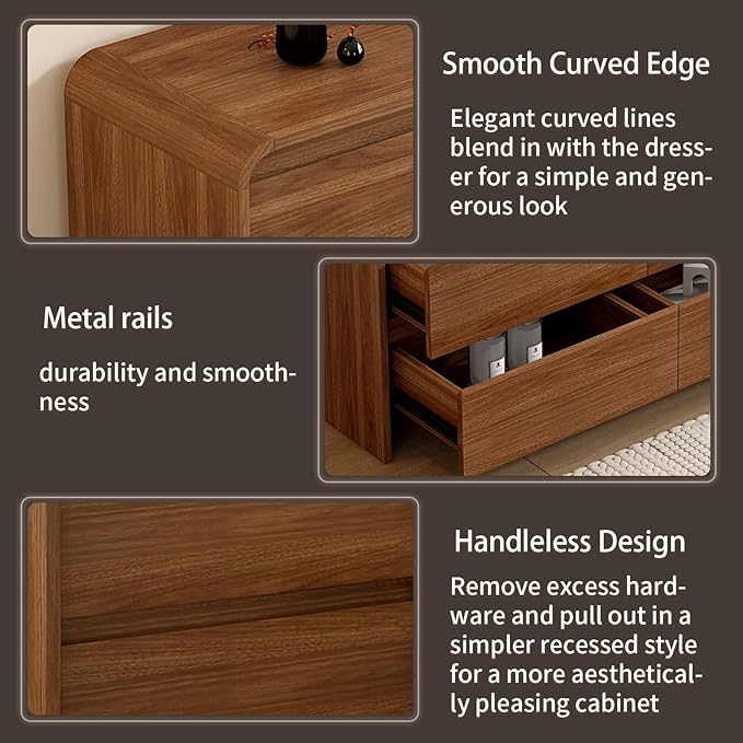 9 Drawer Dresser For Bedroom 63 Inch Wood Chest of Drawers - Curved Anti Collision, Mid Century Dresser For Closet with Natural Texture & Pre-Embedded Slots for TV Stand, Living Room, Nursery